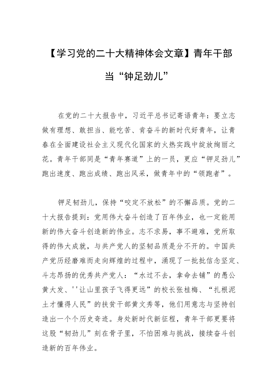 【学习党的二十大精神体会文章】青年干部当“铆足劲儿”.docx_第1页