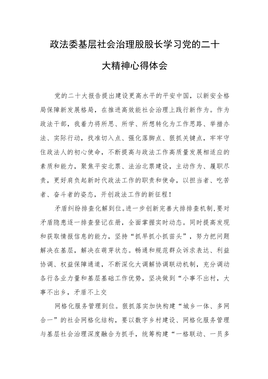 政法委基层社会治理股股长学习党的二十大精神心得体会.docx_第1页