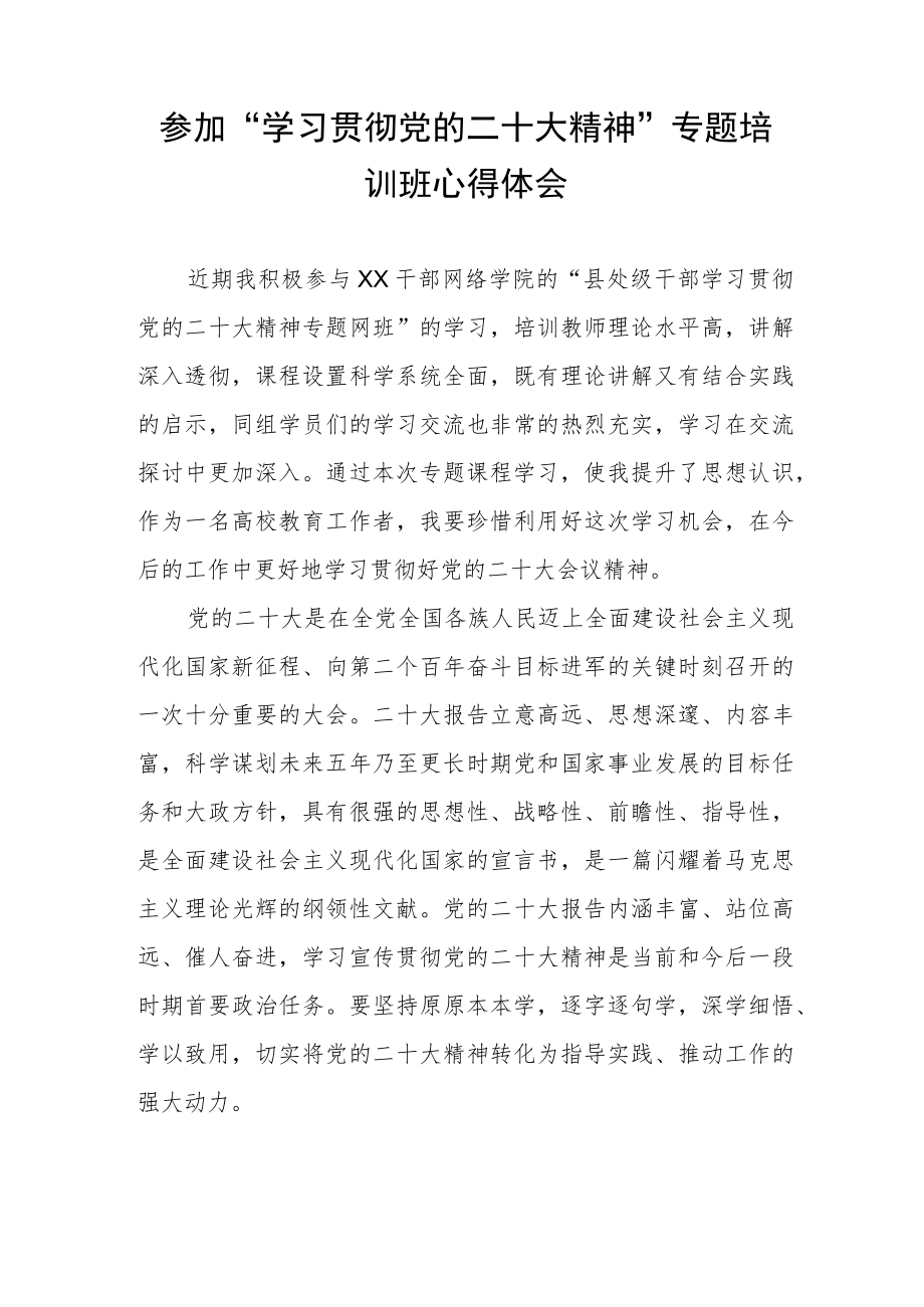 大学书记参加“学习贯彻党的二十大精神”专题培训班心得体会.docx_第1页