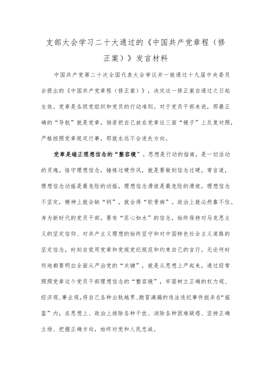 支部大会学习二十大通过的《中国共产党章程（修正案）》发言材料.docx_第1页