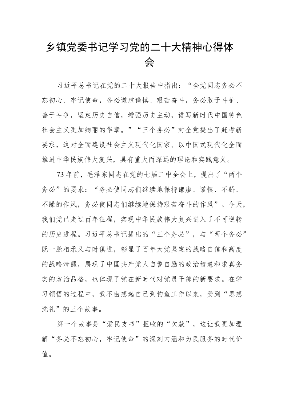 乡镇党委书记学习党的二十大精神心得体会.docx_第1页