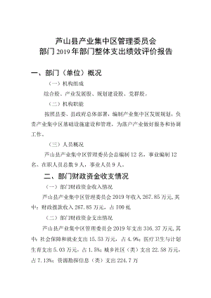 芦山县产业集中区管理委员会部门2019年部门整体支出绩效评价报告.docx