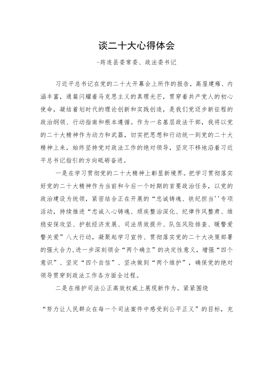 筠连县委常委、政法委书记谈二十大心得体会（20221021）.docx_第1页