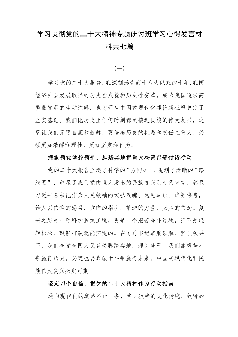 学习贯彻党的二十大精神专题研讨班学习心得发言材料共七篇.docx_第1页