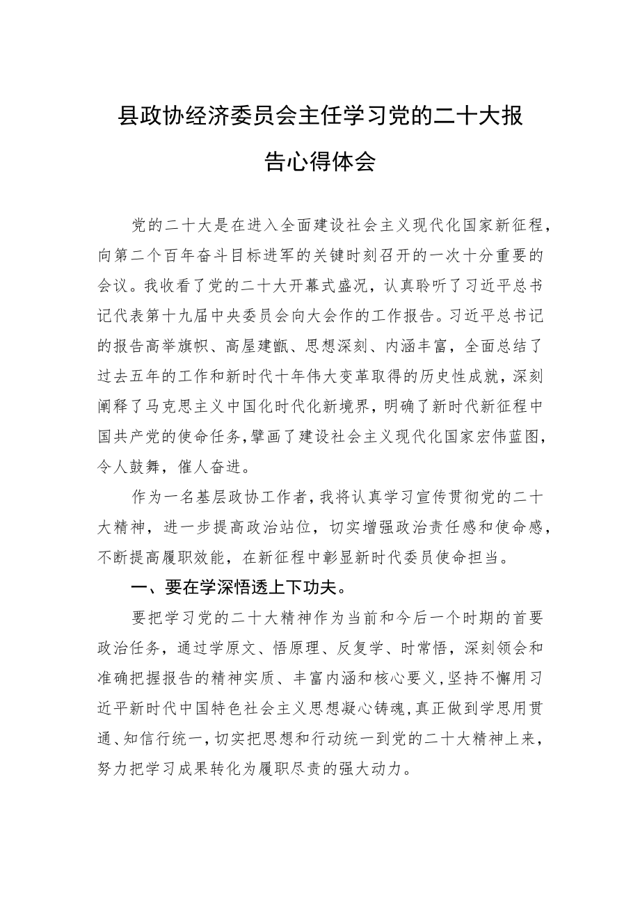 县政协经济委员会主任学习党的二十大报告心得体会（20221101）.docx_第1页