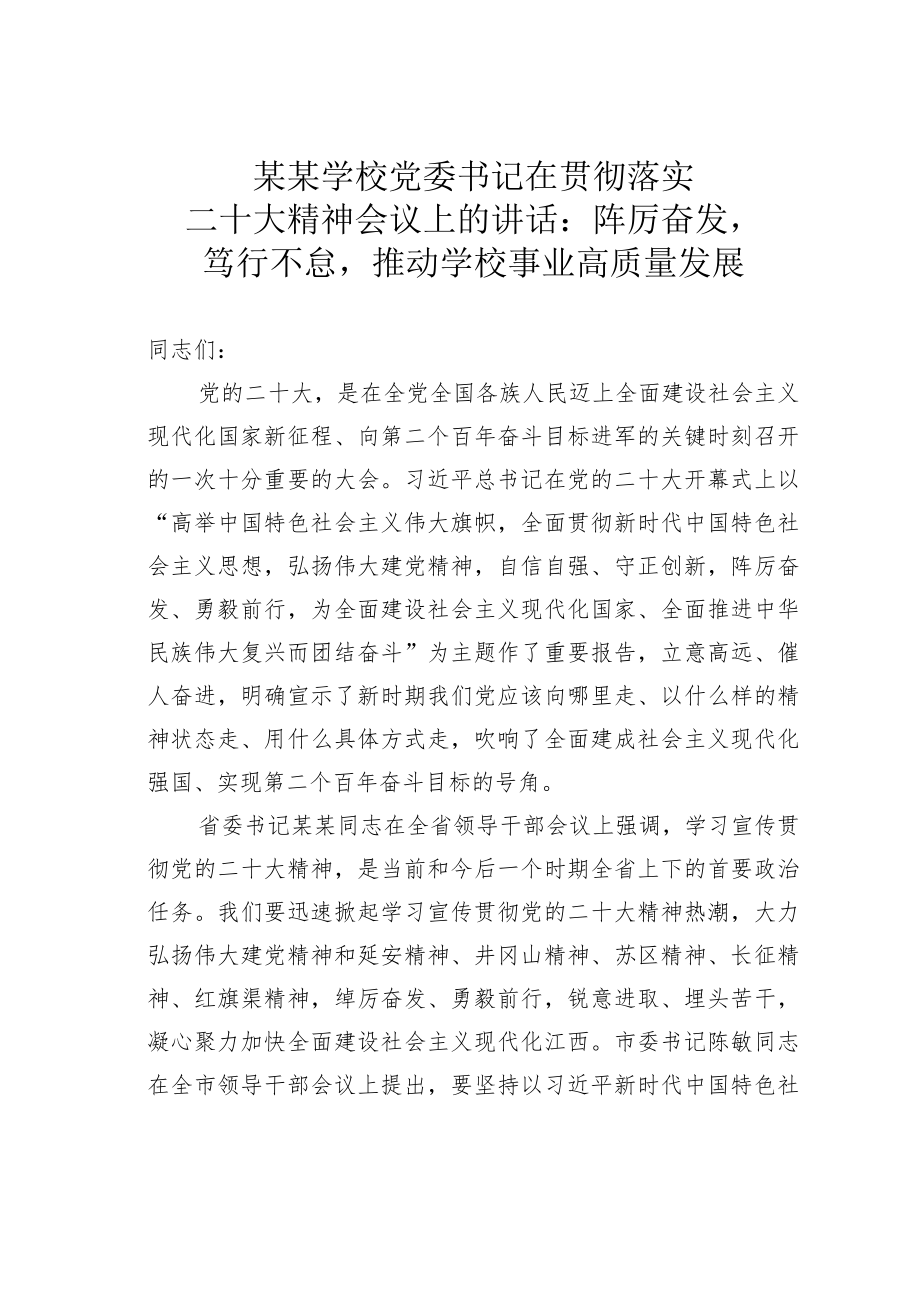 某某学校党委书记在贯彻落实二十大精神会议上的讲话：踔厉奋发笃行不怠推动学校事业高质量发展.docx_第1页