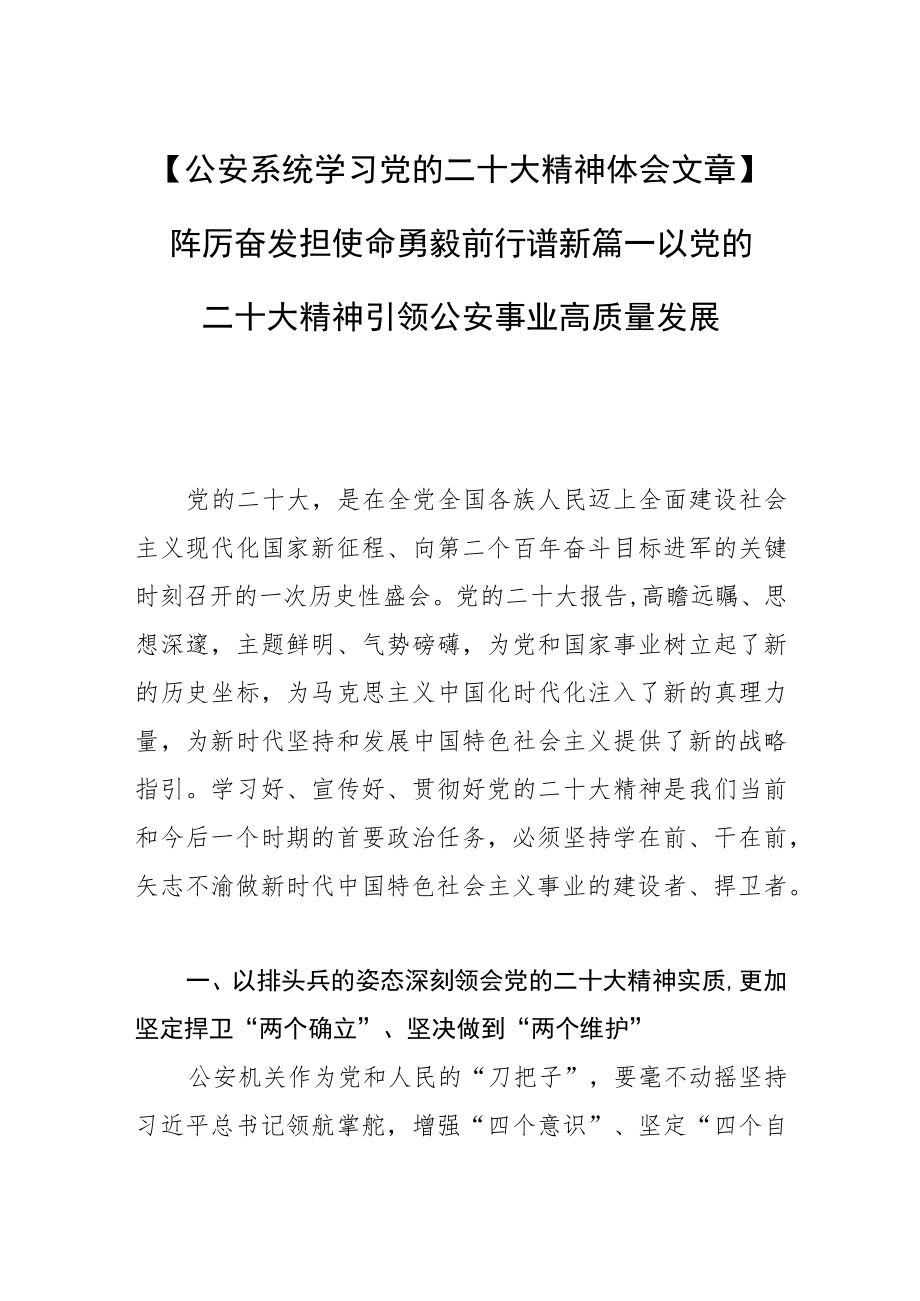 【公安系统学习党的二十大精神体会文章】踔厉奋发担使命 勇毅前行谱新篇—以党的二十大精神引领公安事业高质量发展.docx_第1页