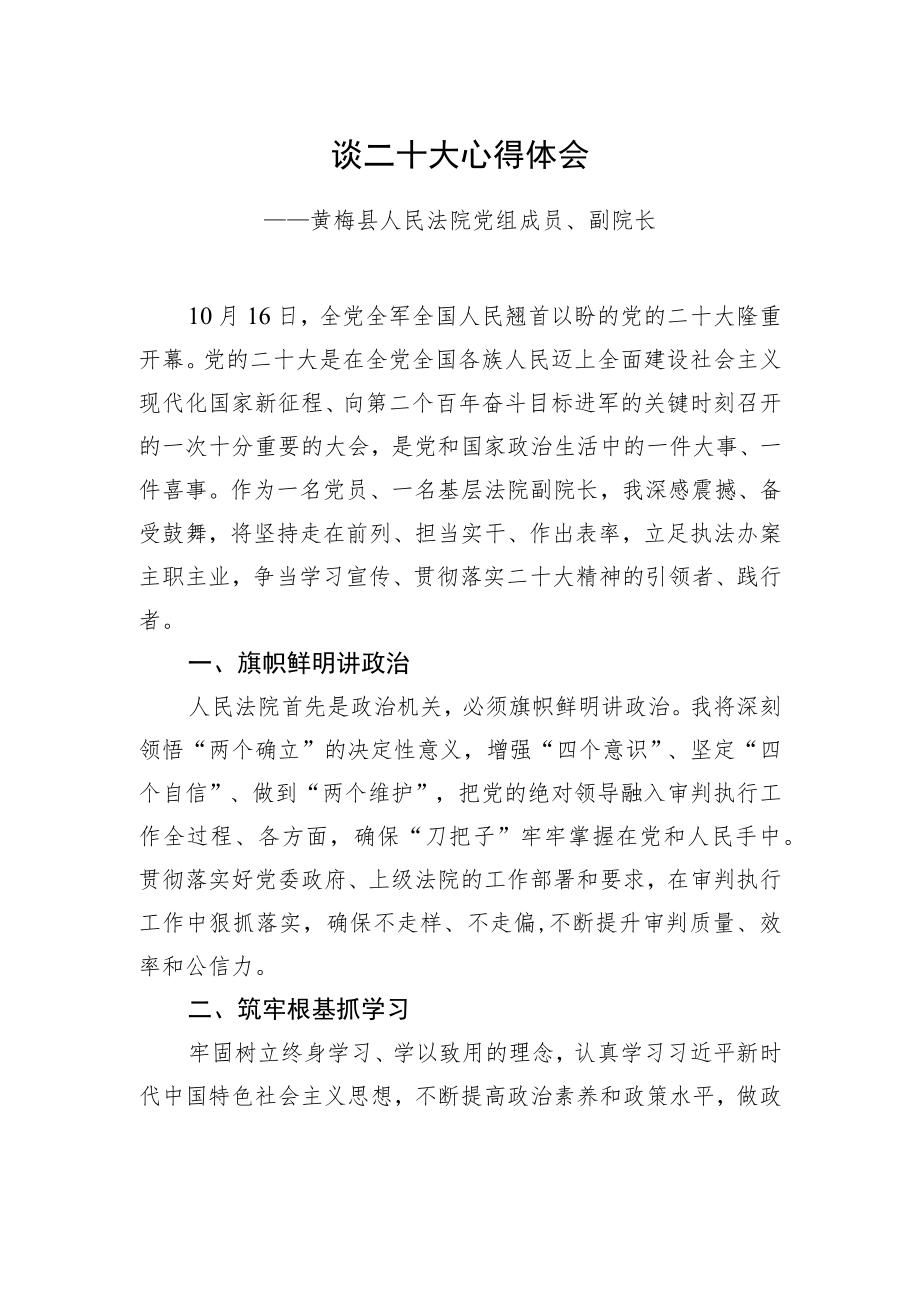 黄梅县人民法院党组成员、副院长谈二十大心得体会（20221017）.docx_第1页