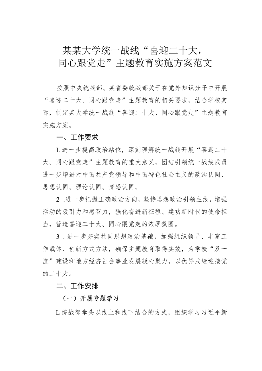 某某大学统一战线“喜迎二十大同心跟党走”主题教育实施方案.docx_第1页