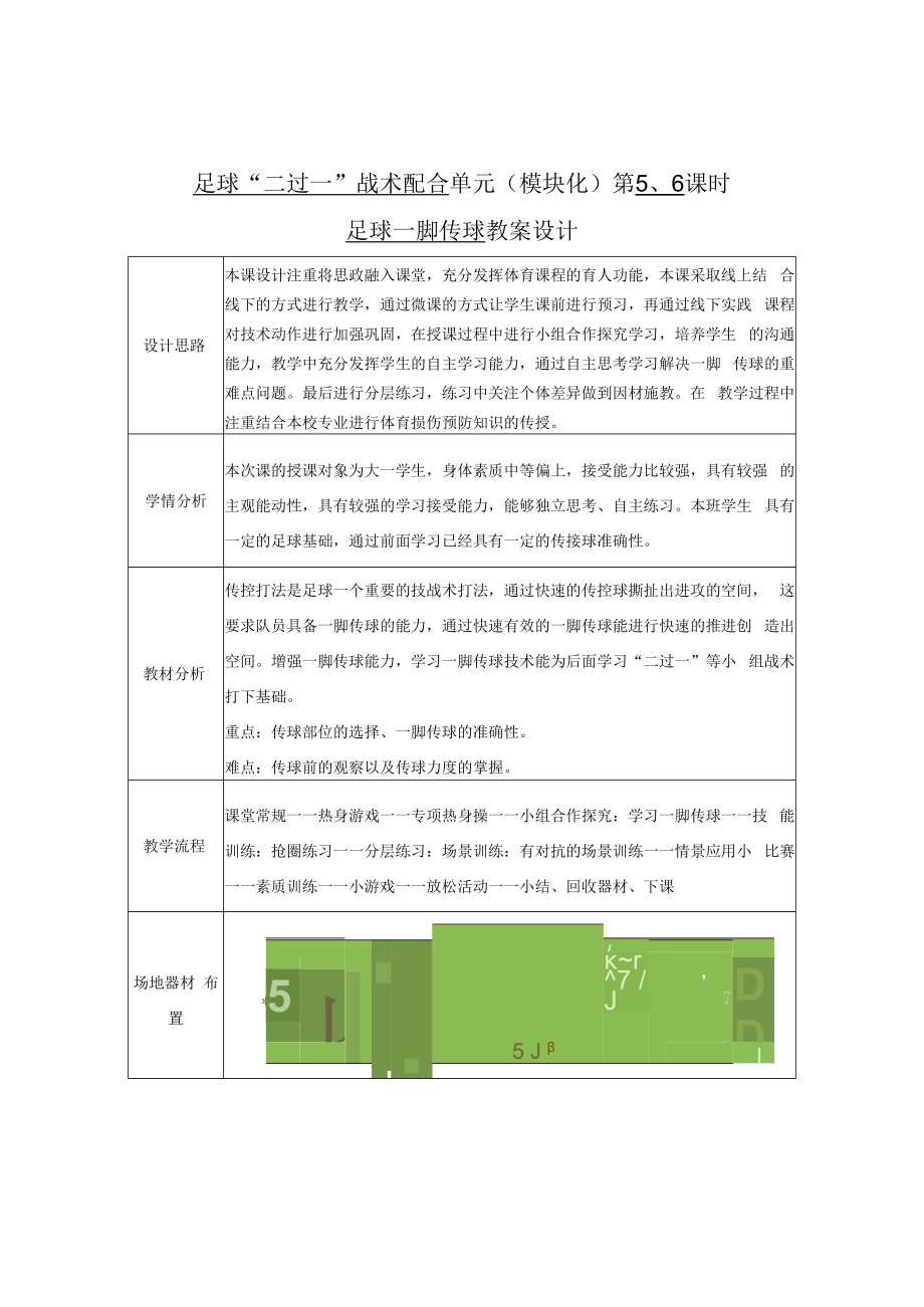 2022《大一足球“二过一”战术配合单元（模块化）第5、6课时足球一脚传球教案设计》.docx_第1页