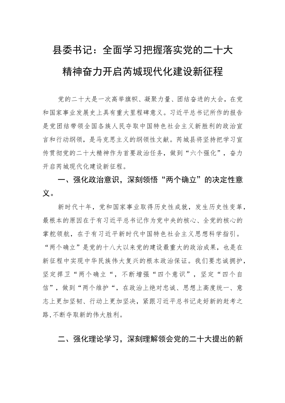 县委书记：全面学习把握落实党的二十大精神+奋力开启芮城现代化建设新征程（1121）.docx_第1页