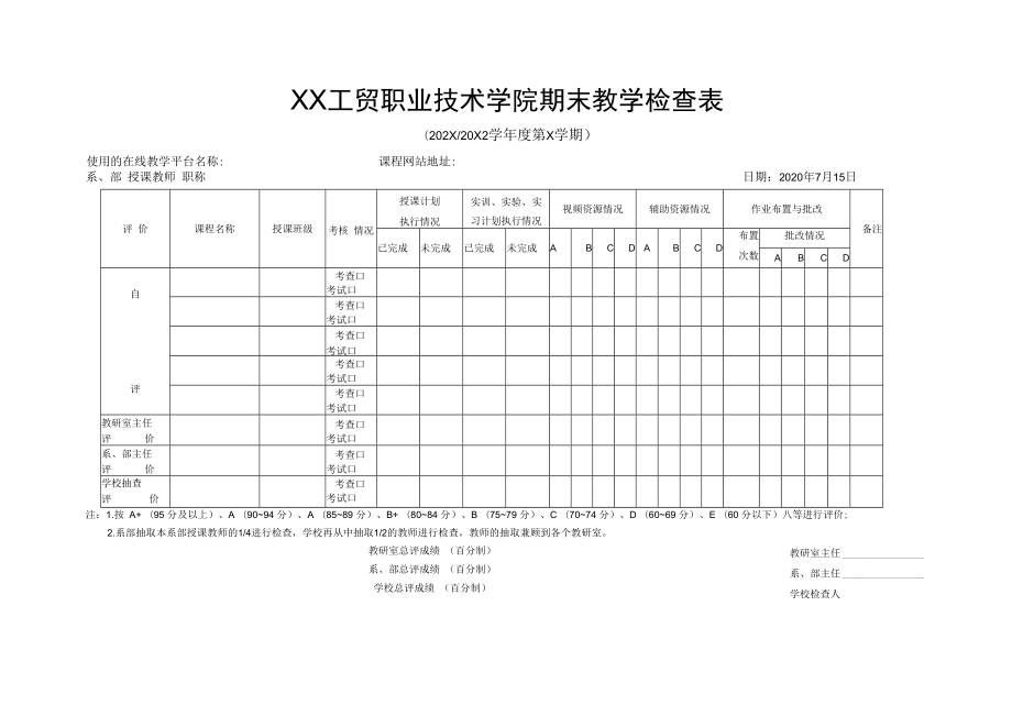 XX工贸职业技术学院X学年第X学期期末教学检查表.docx_第1页