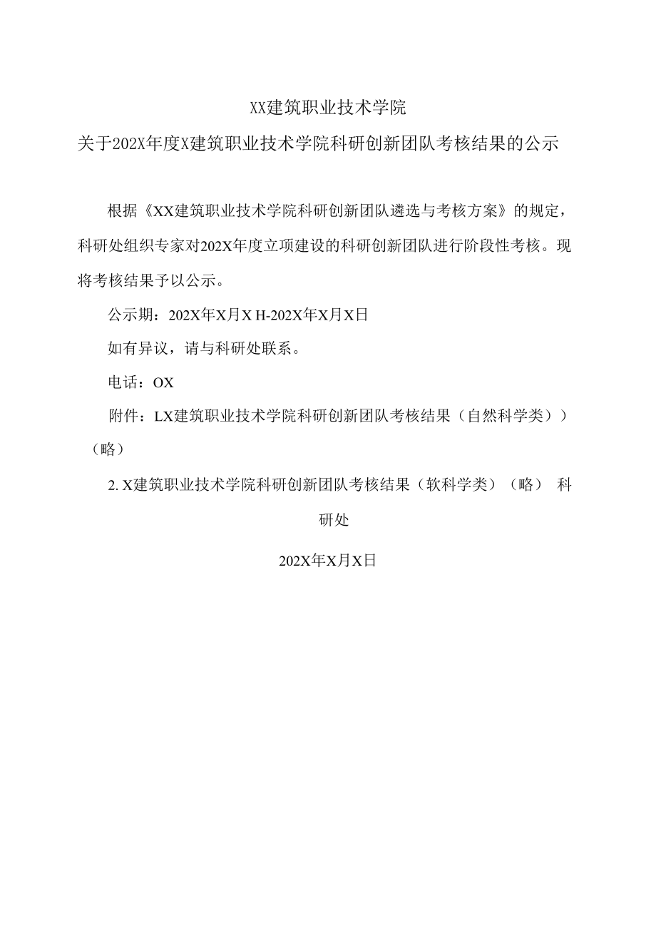 XX建筑职业技术学院关于202X年度X建筑职业技术学院科研创新团队考核结果的公示.docx_第1页