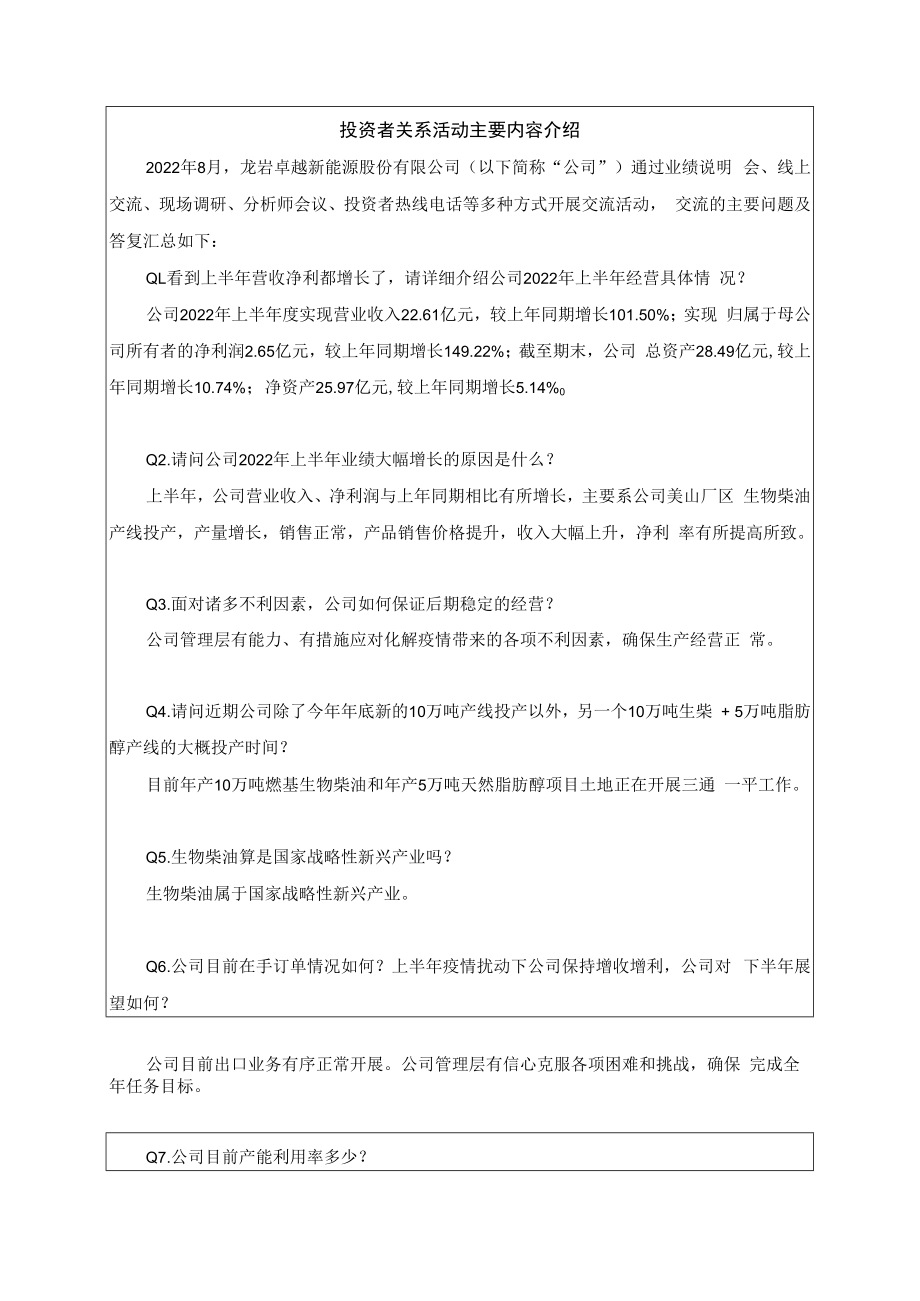 NO2022年08月龙岩卓越新能源股份有限公司投资者关系活动记录表.docx_第2页