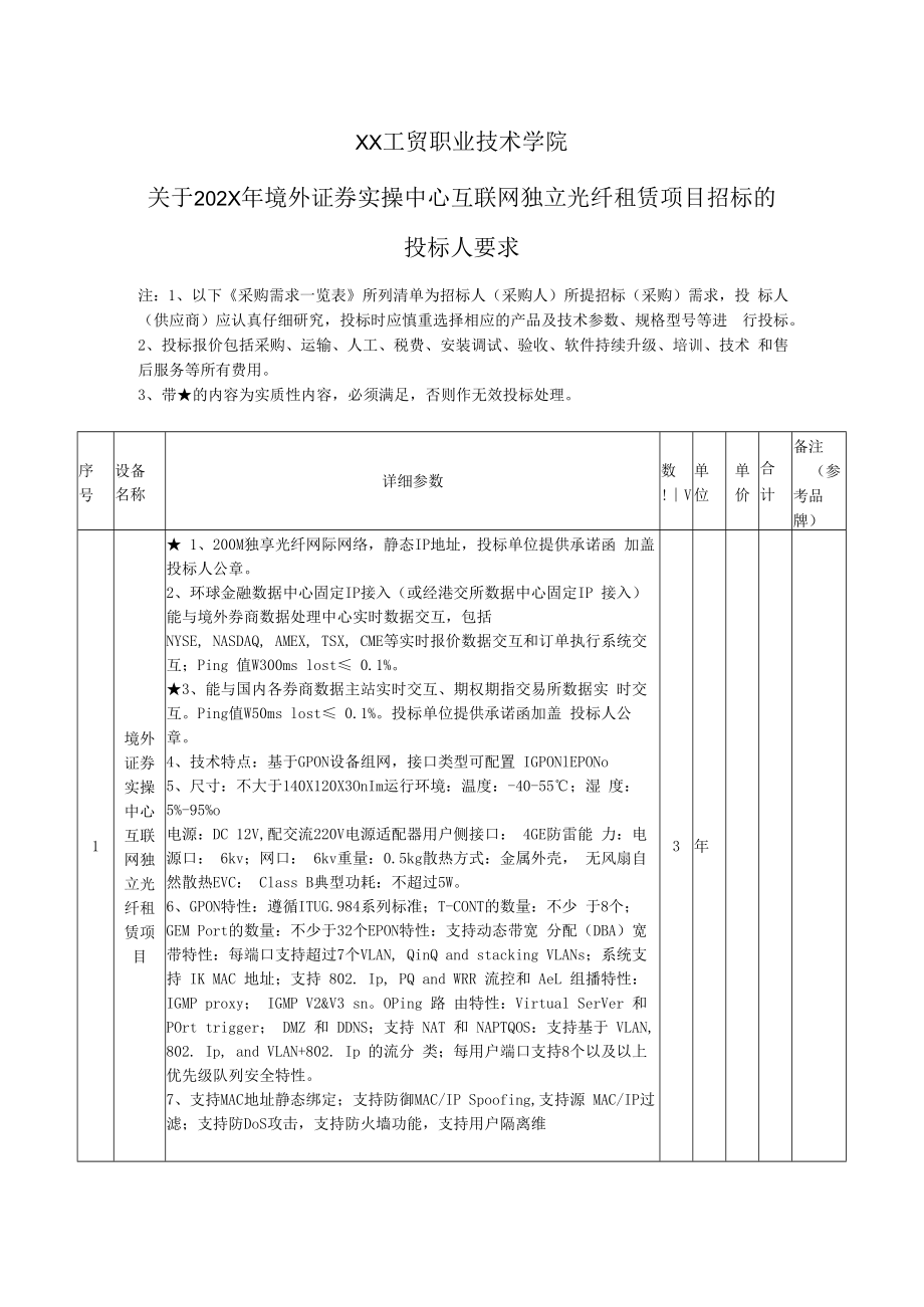 XX工贸职业技术学院关于202X年境外证券实操中心互联网独立光纤租赁项目招标的投标人要求.docx_第1页