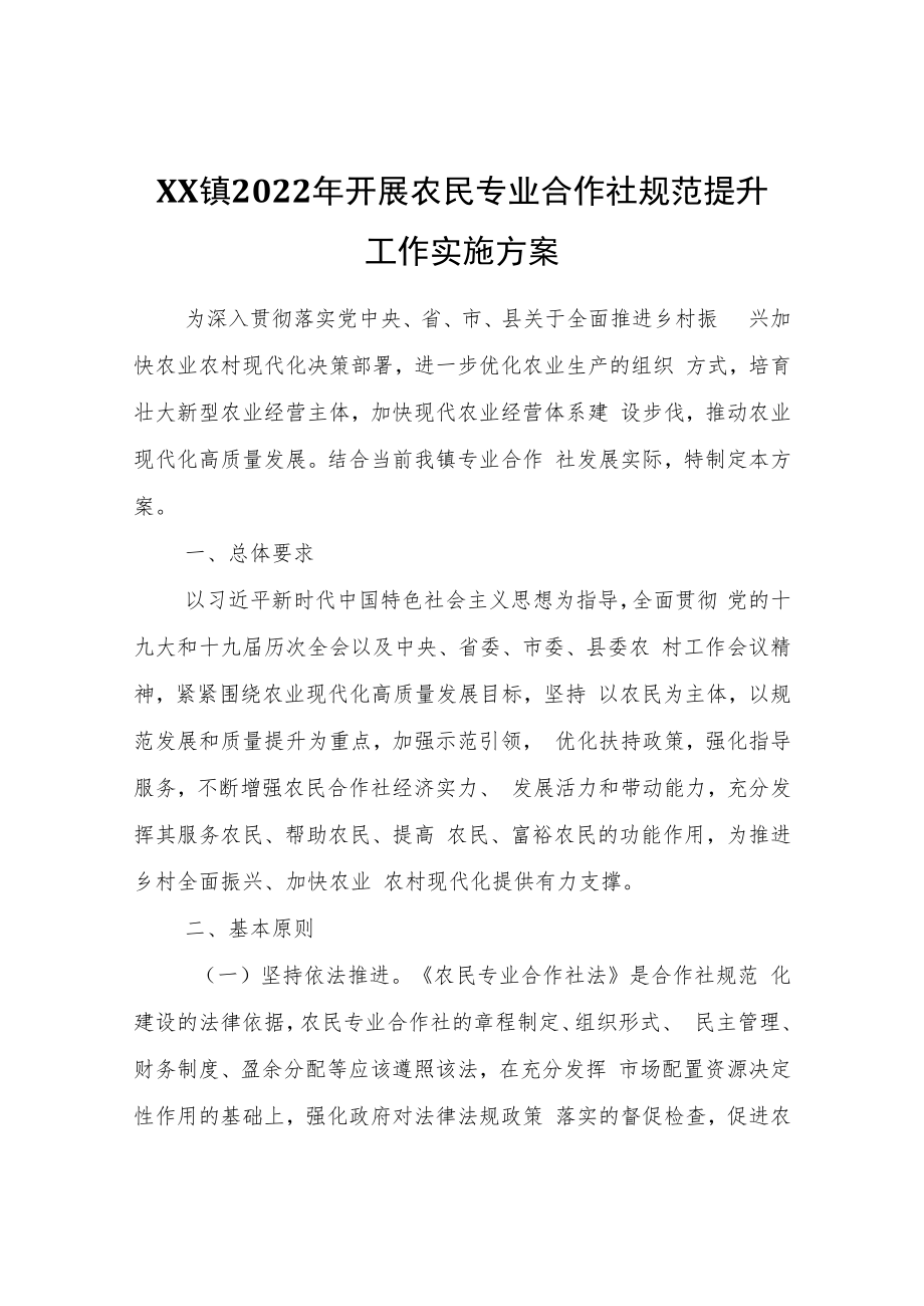 XX镇2022年开展农民专业合作社规范提升工作实施方案.docx_第1页