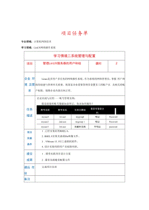 Linux系统管理项目教程（RHEL8CentOS8）项目任务单-3.2管理Linux服务器的用户和组2.docx