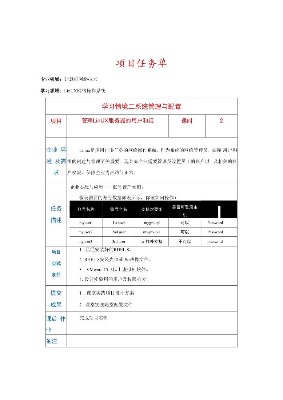 Linux系统管理项目教程（RHEL8CentOS8）项目任务单-3.2管理Linux服务器的用户和组2.docx_第1页