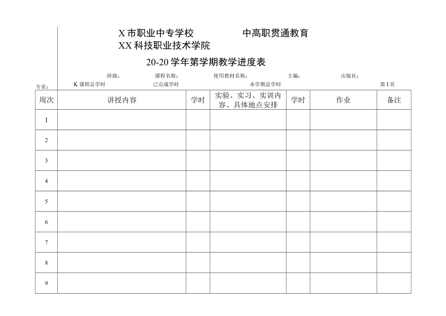 XX科技职业技术学院中高职贯通教育X学年第X学期教学进度表.docx_第1页