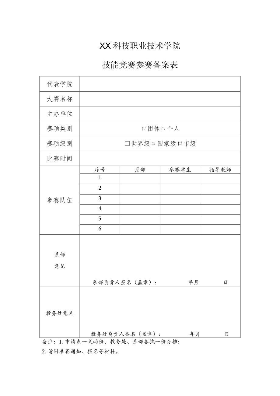 XX科技职业技术学院技能竞赛参赛备案表.docx_第1页