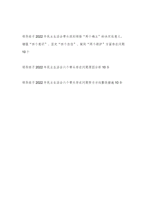 领导班子2022年民主生活会带头深刻领悟“两个确立”的决定性意义增强“四个意识”、坚定“四个自信”、做到“两个维护”方面存在问题10个.docx