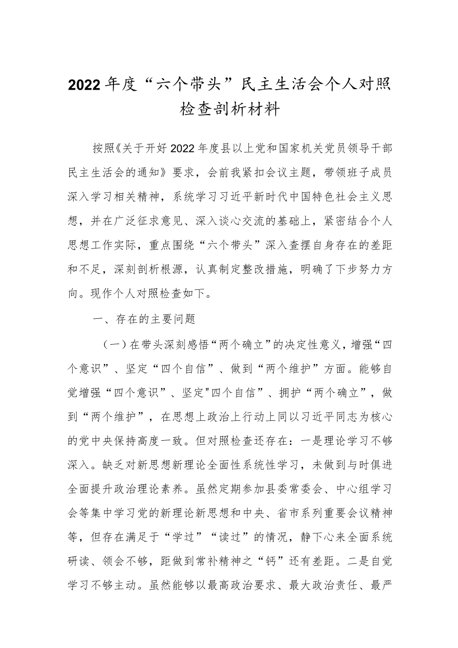 领导干部“六个带头”民主生活会个人对照检查范文.docx_第1页