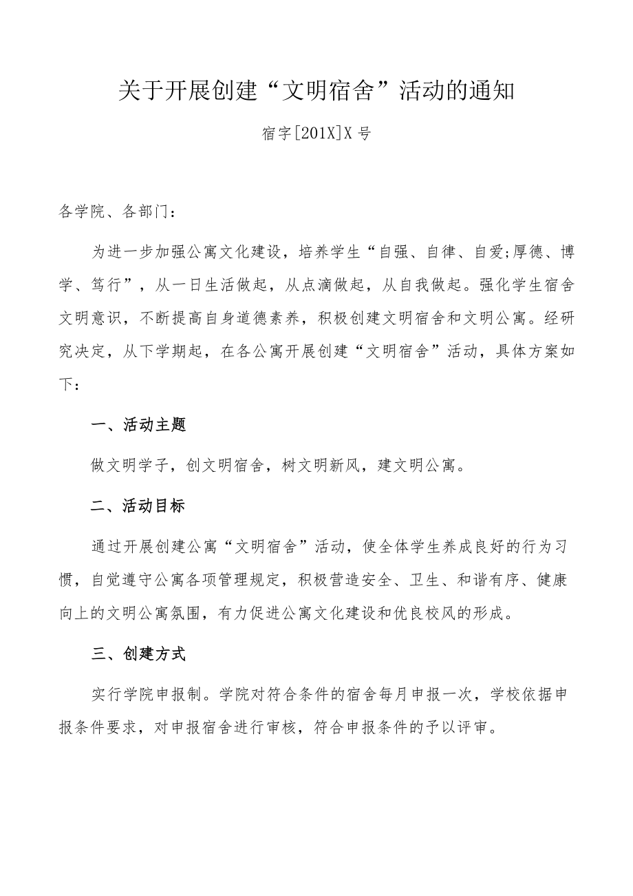 XX大学关于开展文明宿舍评比的实施方案.docx_第1页