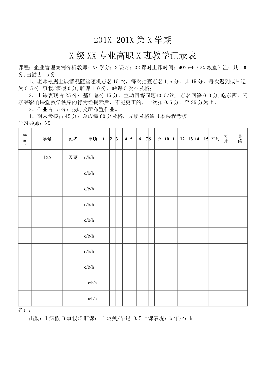 201X-201X第X学期X级XX专业（高职）1班教学记录表.docx_第1页