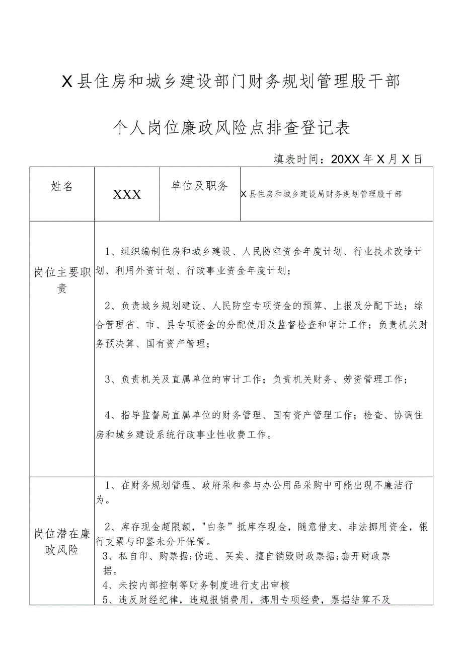 X县住房和城乡建设部门财务规划管理股干部个人岗位廉政风险点排查登记表.docx_第1页