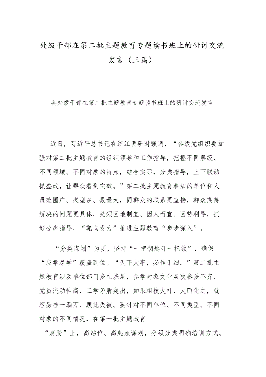 处级干部在第二批主题教育专题读书班上的研讨交流发言(三篇).docx_第1页