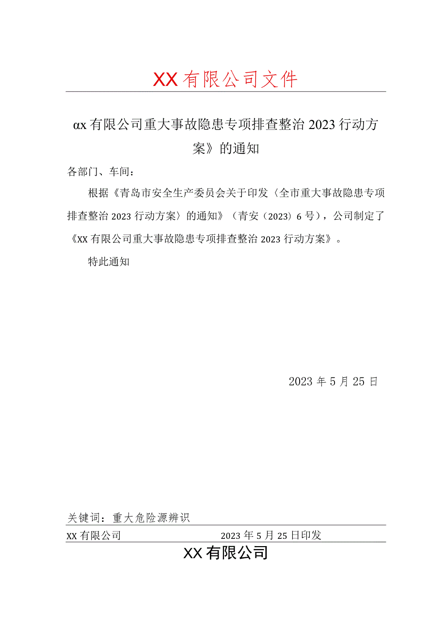 《xx有限公司重大事故隐患专项排查整治2023行动方案》.docx_第1页