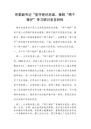 市委副书记“坚守绝对忠诚、做到“两个维护”学习研讨发言材料.docx