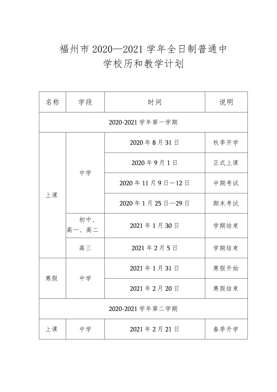 福州市2020—2021学年全日制普通中学校历和教学计划.docx_第1页