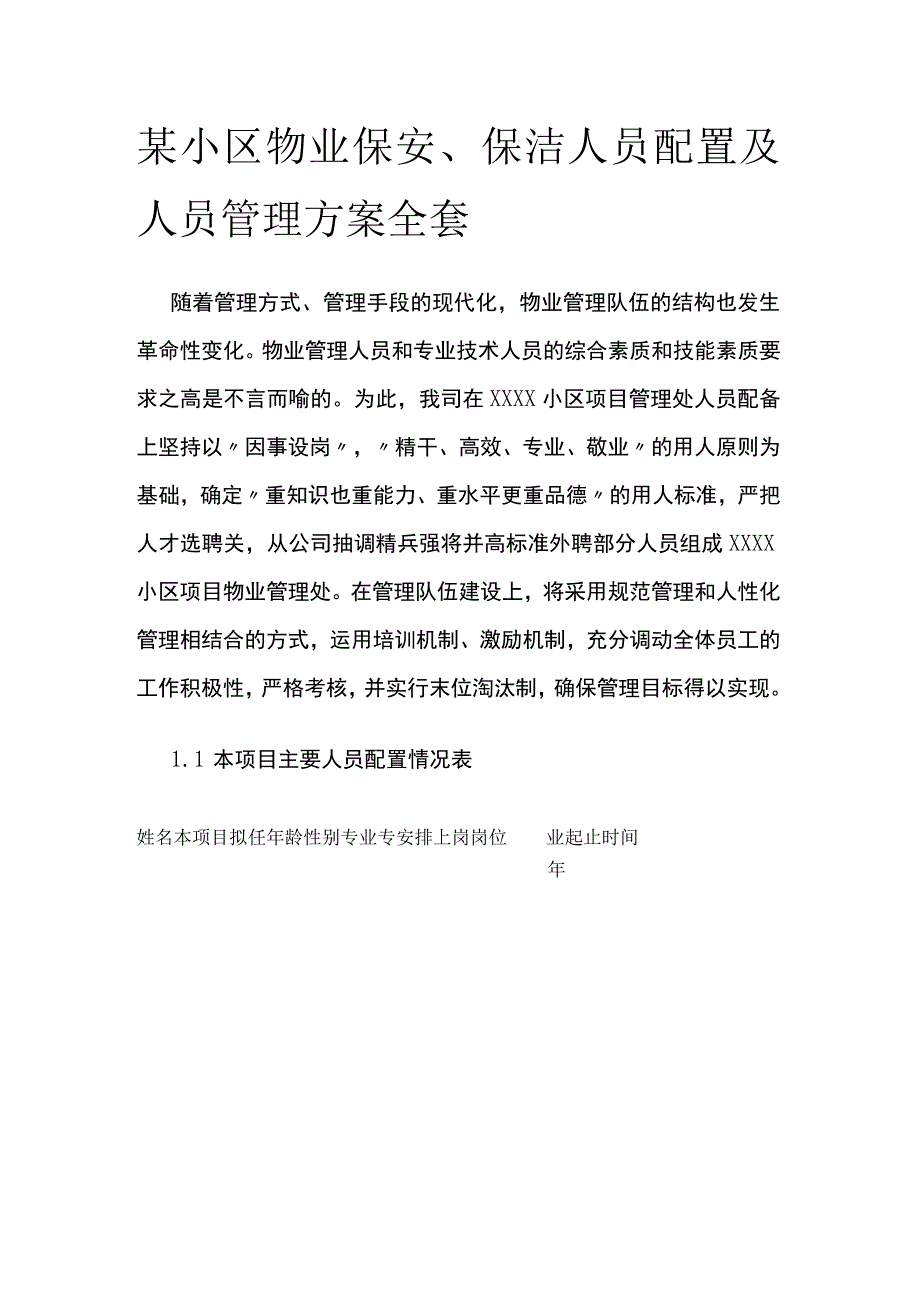 某小区物业保安保洁人员配置及人员管理方案全套.docx_第1页