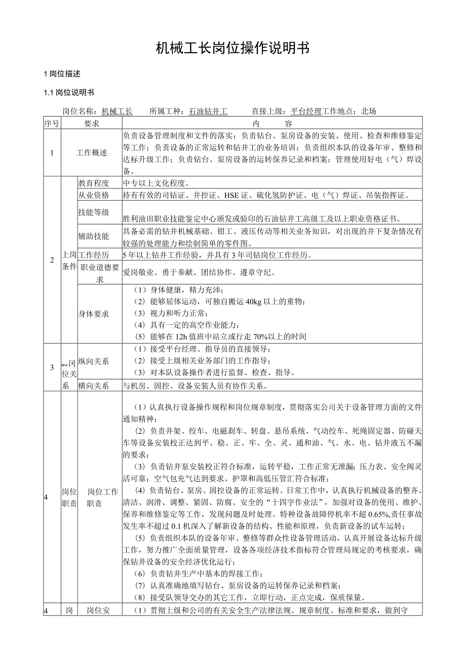 机械工长岗位操作说明书.docx_第1页