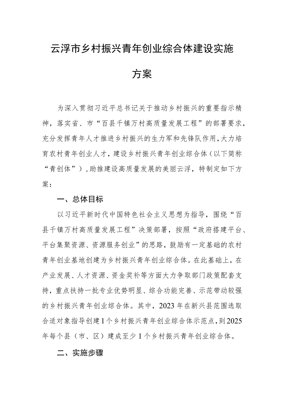 云浮市乡村振兴青年创业综合体建设实施方案.docx_第1页