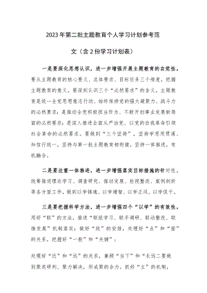 2023年第二批主题教育个人学习计划参考范文（含2份学习计划表）.docx