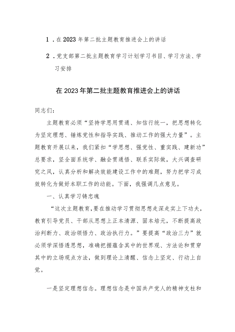 在2023年第二批主题教育推进会上的讲话、学习计划学习书目、学习方法、学习安排范文2篇汇编.docx_第1页