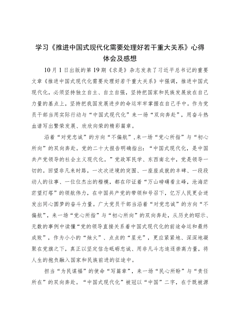 学习《推进中国式现代化需要处理好若干重大关系》心得体会及感想.docx_第1页