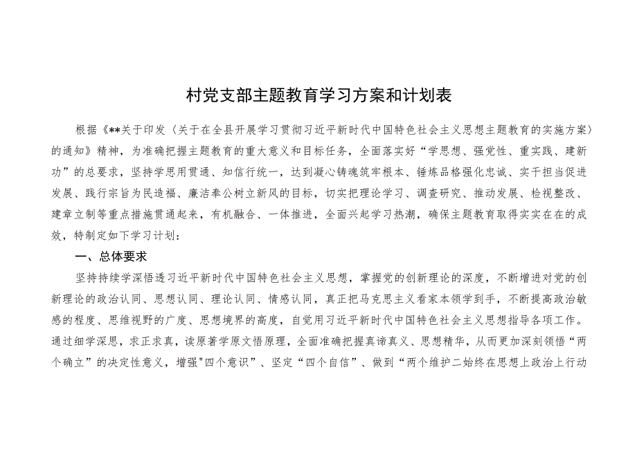 农村党支部班子开展2023年第一二批主题教育学习方案和计划表（学思想、强党性、重实践、建新功）.docx_第1页