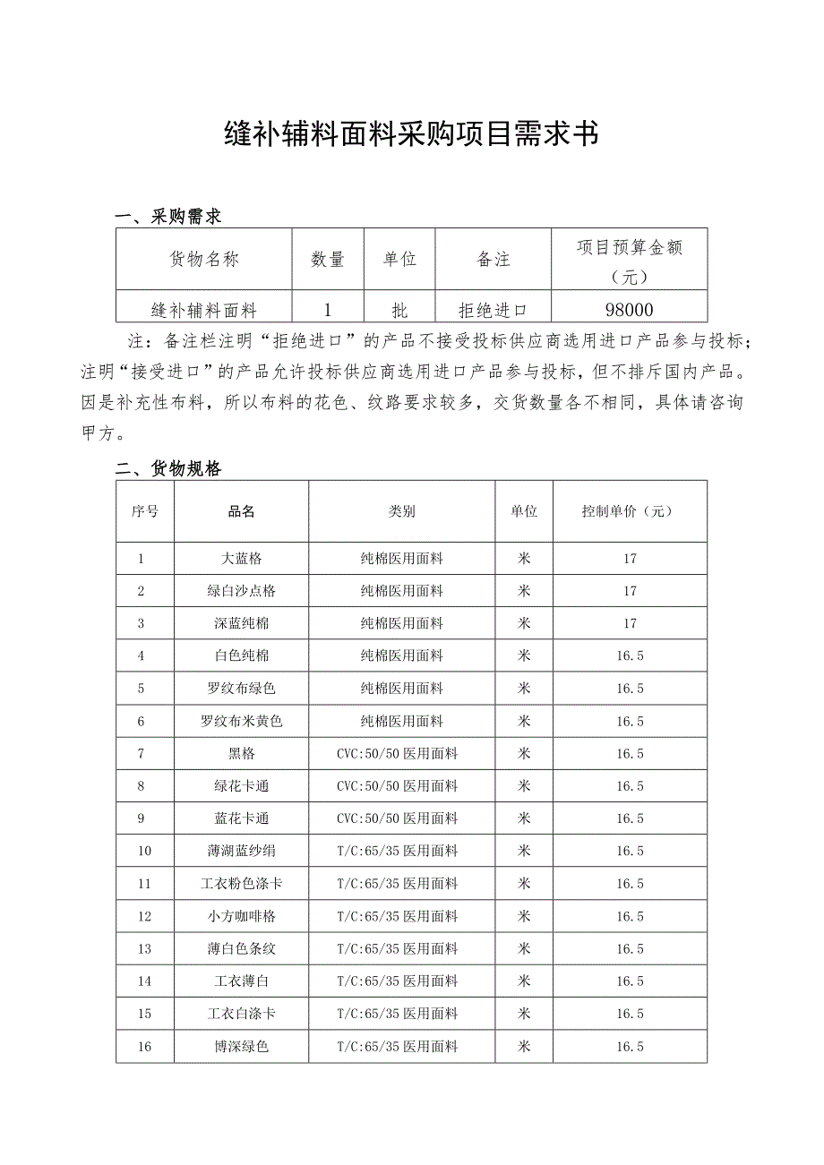 缝补辅料面料采购项目需求书.docx_第1页