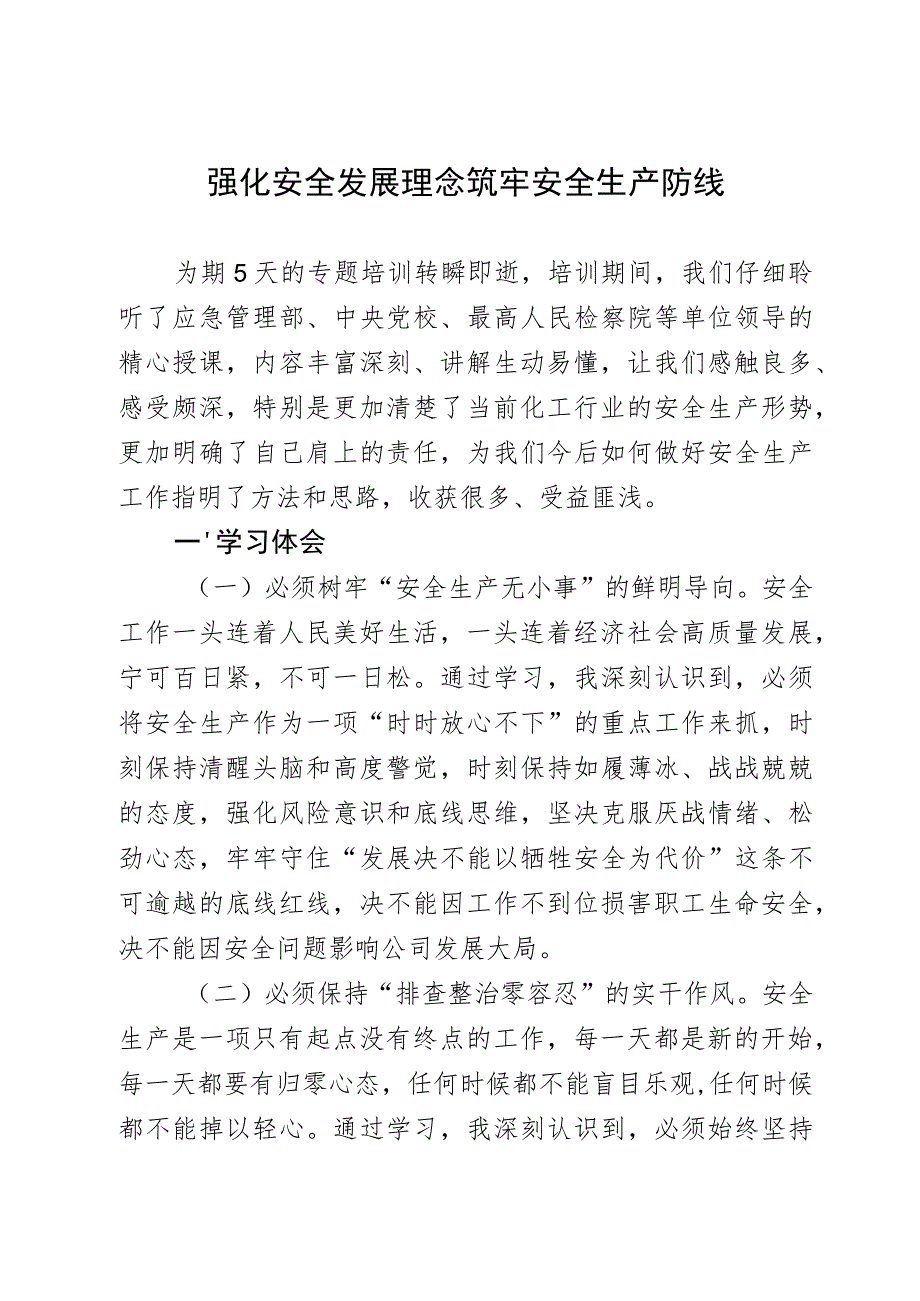 在应急管理专题培训班上的学习研讨发言：强化安全发展理念 筑牢安全生产防线.docx_第1页