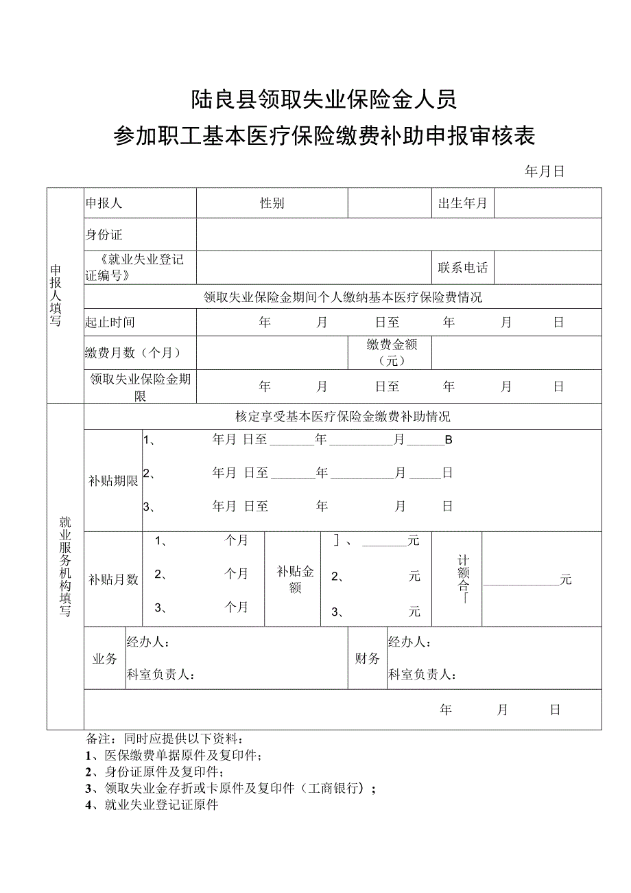 陆良县领取失业保险金人员参加职工基本医疗保险缴费补助申报审核表.docx_第1页