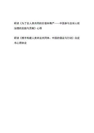 研读《为了全人类共同的价值和尊严——中国参与全球人权治理的实践与贡献》心得+研读《携手构建人类命运共同体：中国的倡议与行动》白皮书.docx