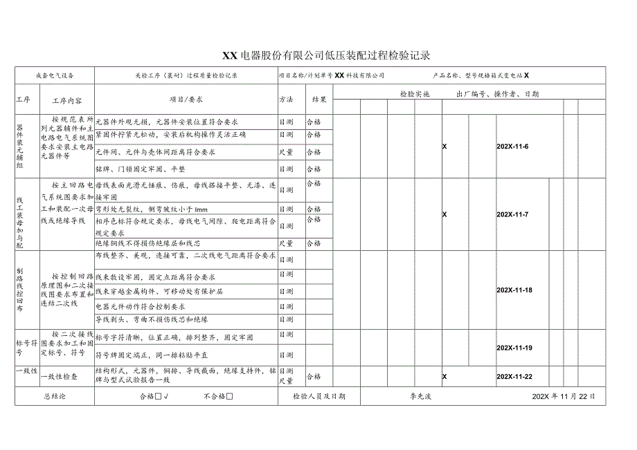 XX电器股份有限公司低压装配过程检验记录（2023年）.docx_第1页