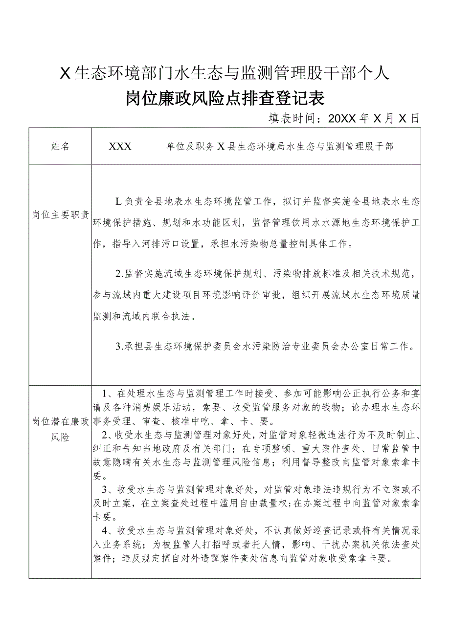 X县生态环境部门水生态与监测管理股干部个人岗位廉政风险点排查登记表.docx_第1页