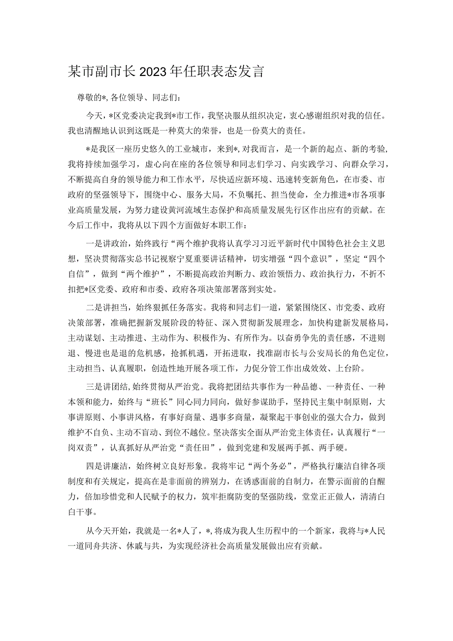 某市副市长2023年任职表态发言 .docx_第1页