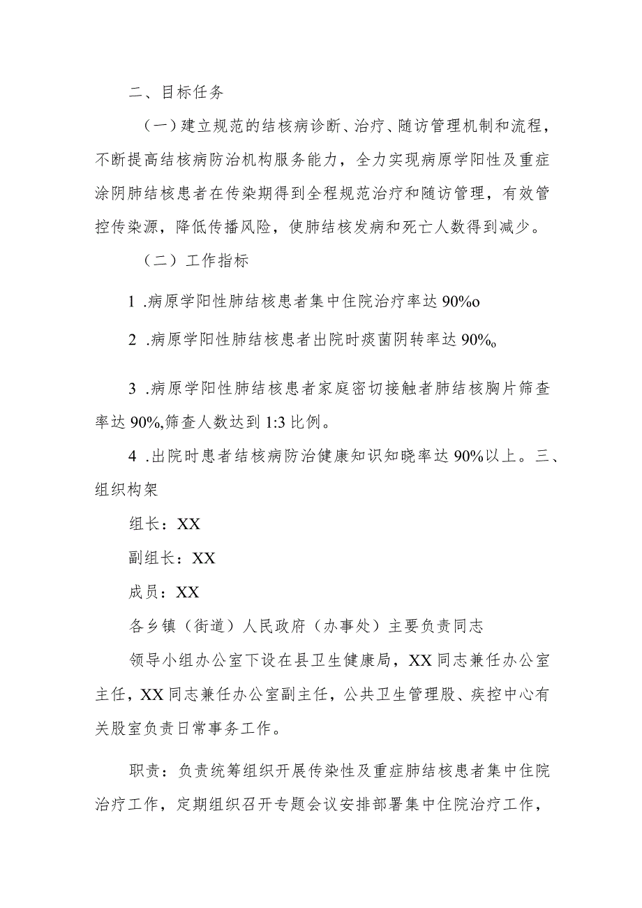 XX县传染性及重症肺结核患者集中住院治疗实施方案.docx_第2页