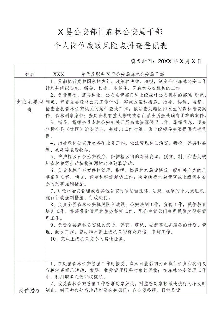 X县公安部门森林公安局干部个人岗位廉政风险点排查登记表.docx_第1页