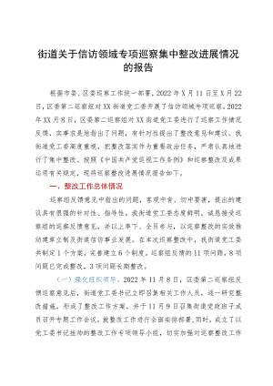 街道关于信访领域专项巡察集中整改进展情况的报告.docx